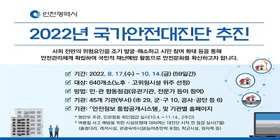 인천광역시 2022년 국가안전대진단 추진 사회 전반의 위험요인을 조기 발굴·해소하고 시민 참여 확대 등을 통해 만전관리체계 확립하여 국민적 재난예방 환불으로 만전문화를 확산하고자 합니다. 기간: 2022 8 17.(수)-10.14.(금) (59일간) 대상: 640개소(노후· 고위험시설 위주 선정) 방법: 민·관 합동점검(유관기관, 전문가 등이 참여) 기관: 45개 기관(부서) ( 29.군·구 10.공사·공단릉6) 기관: 「안전정보 통합공개시스템」 및 기관별 홈페이지 . second 주관 인관합동 확인점검 심사10.4.-11.14. 2온리 · 이름진 사고 0000롤 위한 시에당하에 대하여는 대진단 시작·전 점검 실시(7월) (드립다리. 레지시설 관광숙박시설놀이조민박 포화 학교시설, 판지떡 >