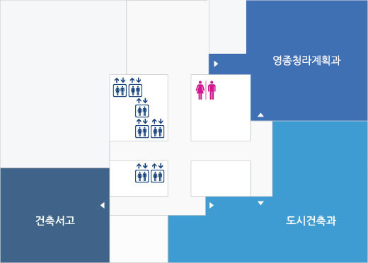 본동 25층 배치도 : 영종청라개발과, 도시건축과 외 건축서고, 재난상황실, 남녀화장실, 엘리베이터 등이 있음