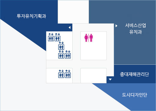 본동 30층 배치도 : 서비스산업유치과, 투자유치기획과, 신성장산업유치과 외 남녀화장실, 엘리베이터 등이 있음