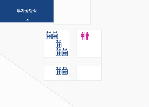 본동 32층 배치도 : 투자상담실 외 남녀화장실, 엘리베이터 등이 있음