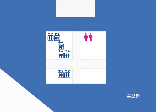 본동 33층 배치도 : 홍보관 외 남녀화장실, 엘리베이터 등이 있음