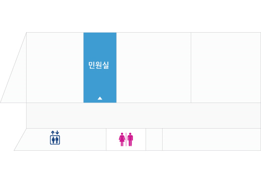 민원동 1층 배치도 : 민원실 외 운전대기실, 남녀화장실, 엘리베이터가 있음