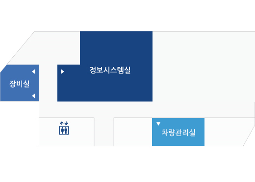 민원동 2층 배치도 : 장비실, 정보시스템실 외 대강당, 엘리베이터가 있음