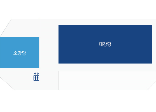 민원동 3층 배치도 : 소강당, 행정자료실 외 대강당, 엘리베이터가 있음