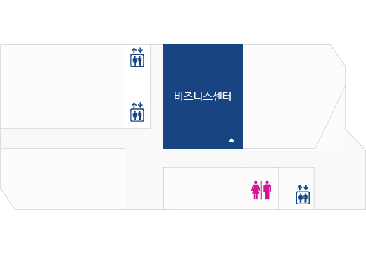 문화동 2층 배치도 : 기업지원센터가 외 남녀화장실, 엘리베이터가 있음