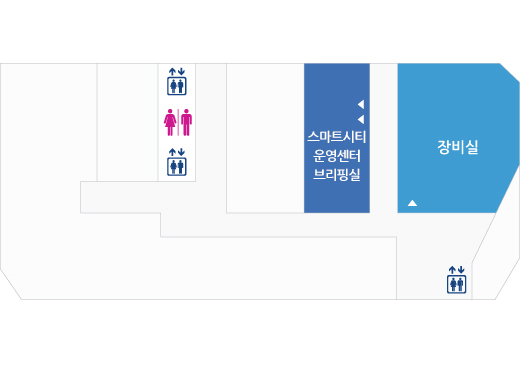 문화동 4층 배치도 : 장비실, 스마트시티 운영센터 브리핑실 외 남녀화장실, 엘리베이터가 있음