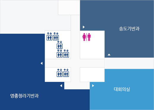 본동 27층 배치도 : 송도기반과, 영종청라기반과 외 대회의실, 남녀화장실, 엘리베이터 등이 있음