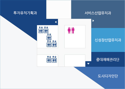 본동 30층 배치도 : 투자유치기획과, 도시디자인단, 서비스산업유치과, 신성장산업유치과, 중대재해관리단< 외 남녀화장실, 엘리베이터 등이 있음